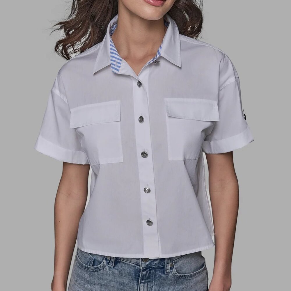 KARL LAGERFELD PARIS Limited Edition Poplin Short Sleeve Button Crop Top Shirt